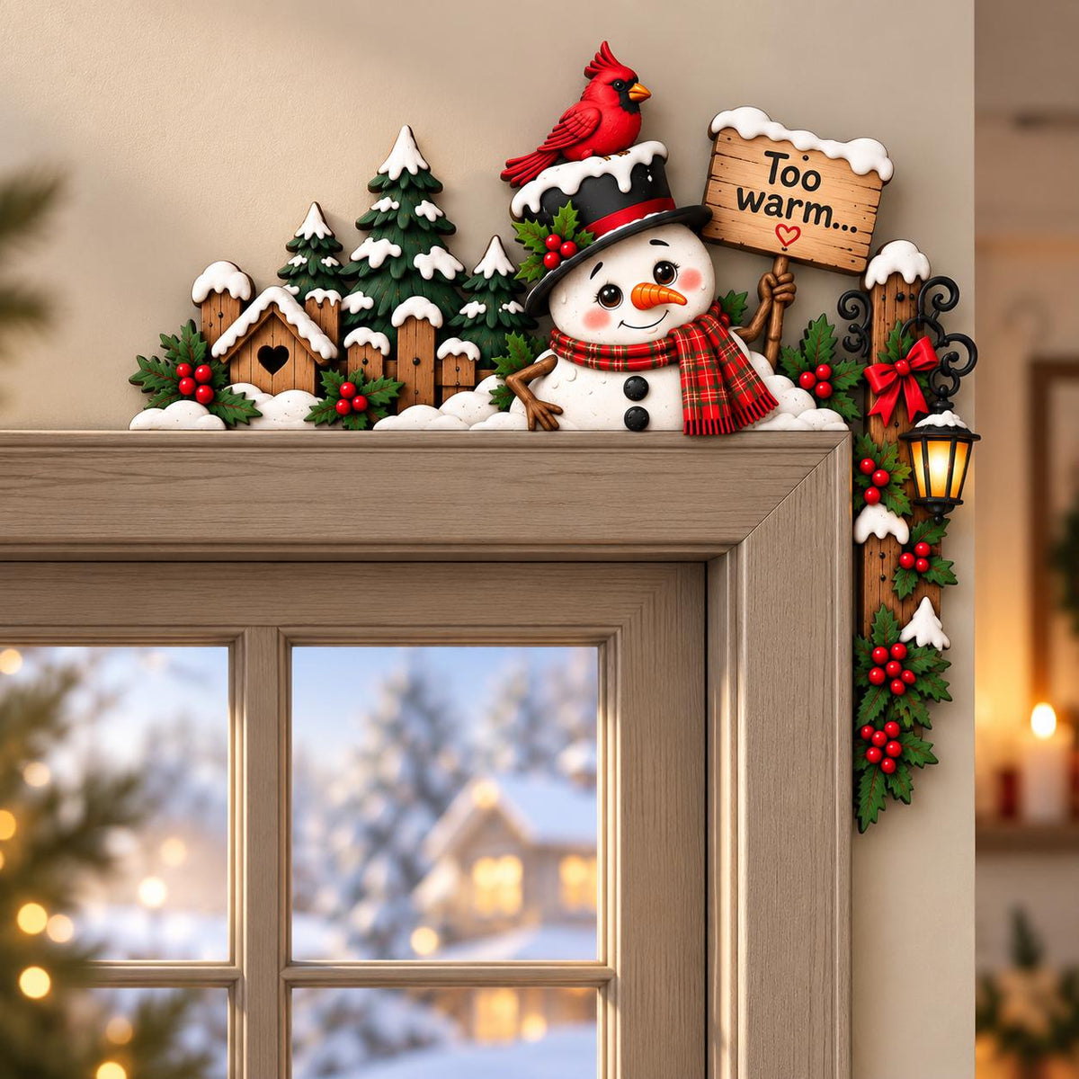 May include: A decorative door corner topper featuring a snowman wearing a black top hat with a red cardinal on top and a red plaid scarf. The snowman holds a wooden sign that reads Too warm... with a heart. Includes pine trees and a lantern.