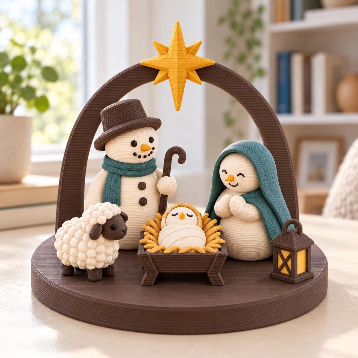 May include: A nativity scene figurine set featuring two snowman figures, a sheep, and a baby snowman in a manger. The display includes a brown arched frame topped with a yellow star, a teal scarf, a teal head covering, and a small brown lantern.
