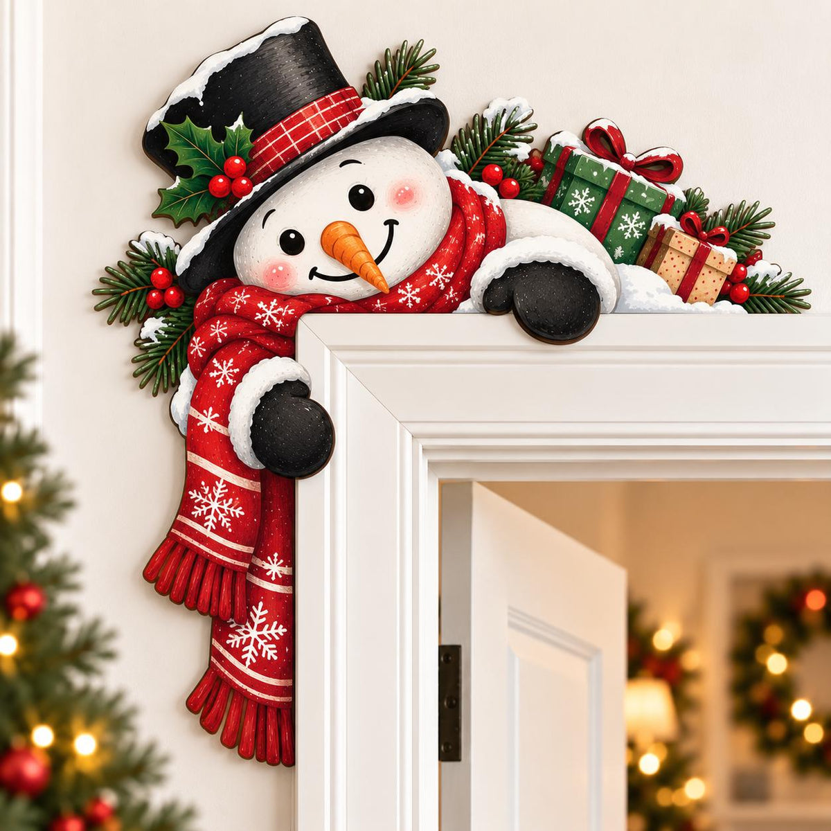 May include: A decorative wooden door corner topper featuring a smiling snowman wearing a black top hat with a red plaid band and a long red scarf with white snowflake patterns. The snowman is accented with green pine branches, red berries, and two gift boxes.