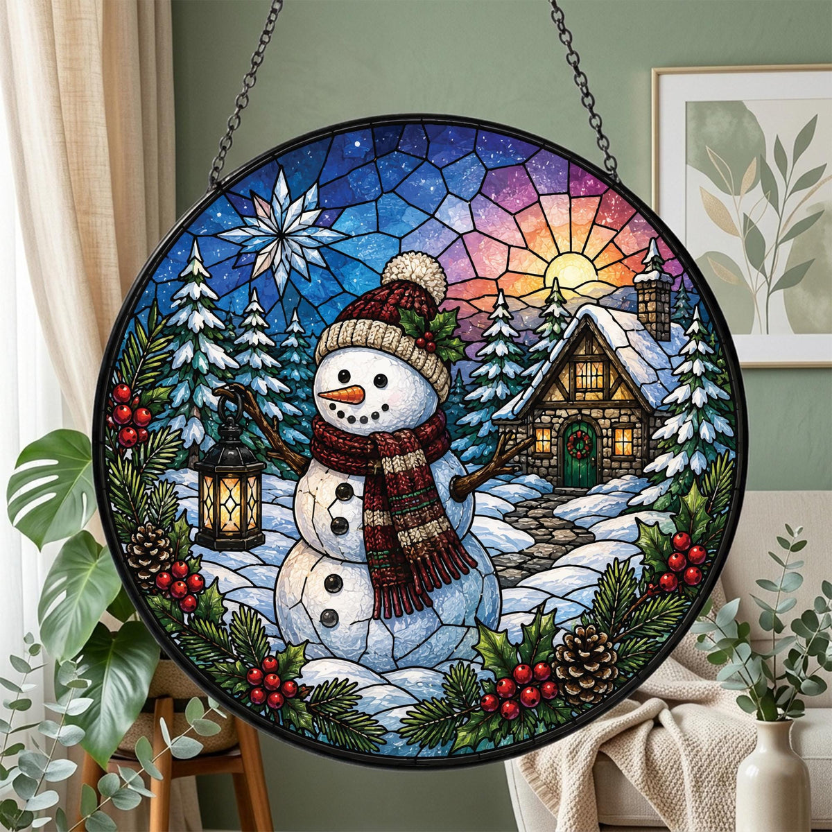 May include: A circular stained glass suncatcher featuring a snowman wearing a red hat and scarf, holding a lit lantern. The scene includes a snow-covered cottage, pine trees, holly berries, and pinecones against a sunset sky with a star.