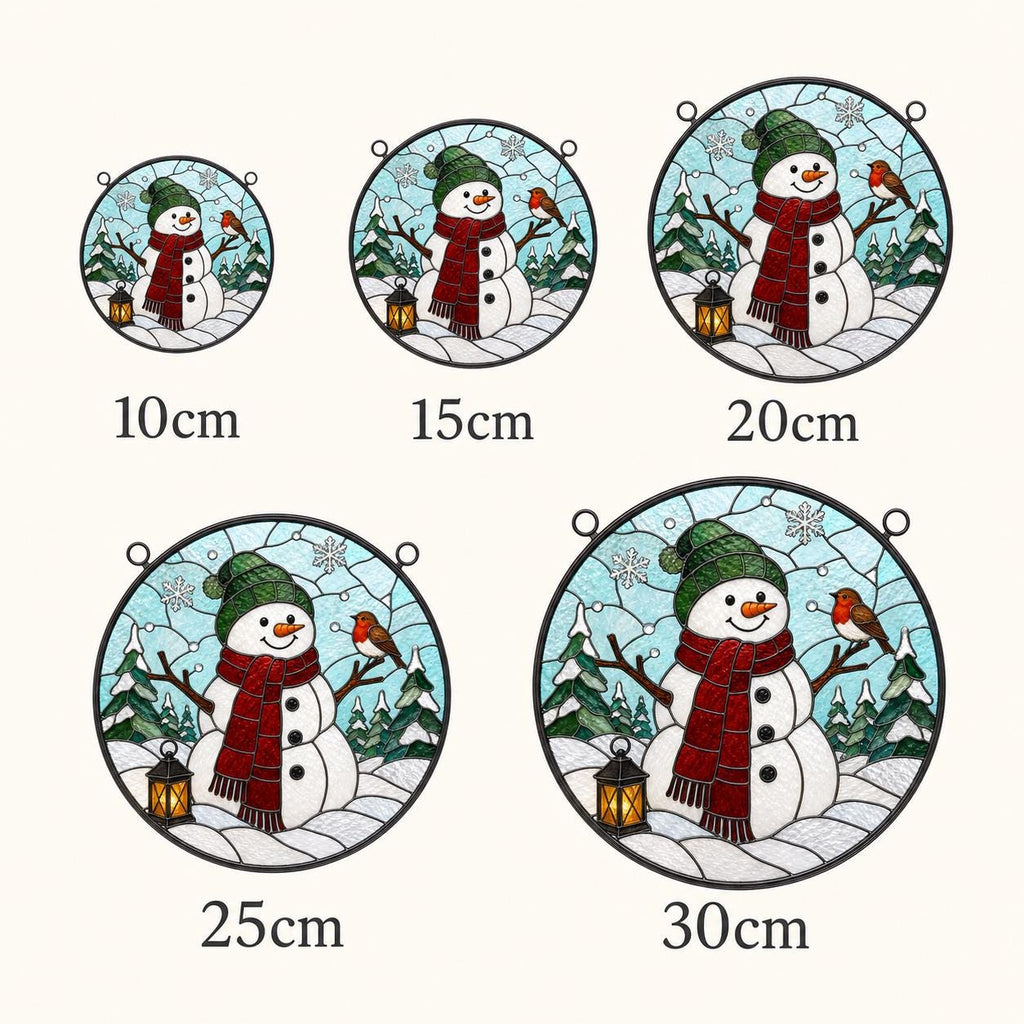 May include: Five circular stained glass suncatchers featuring a snowman with a green hat, red scarf, and orange nose, accompanied by a robin, lantern, and pine trees. Sizes are labeled as 10cm, 15cm, 20cm, 25cm, and 30cm below each piece.