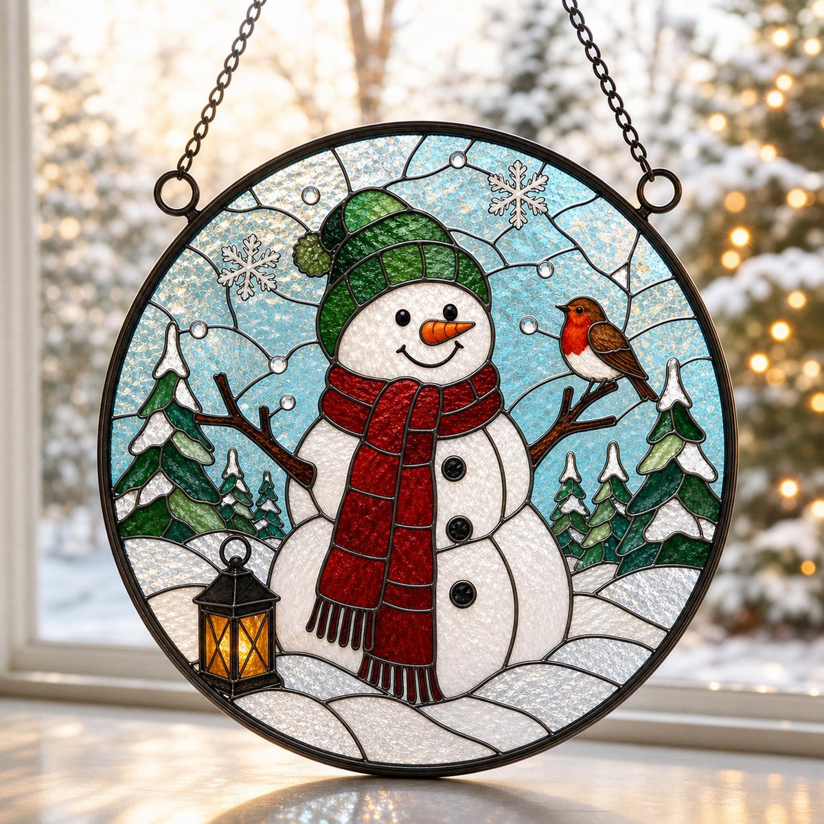 May include: A circular stained glass suncatcher featuring a white snowman wearing a green knit hat and a red scarf. The snowman stands in a snowy landscape with green pine trees, a small black lantern, and a brown robin. Blue sky with snowflakes.