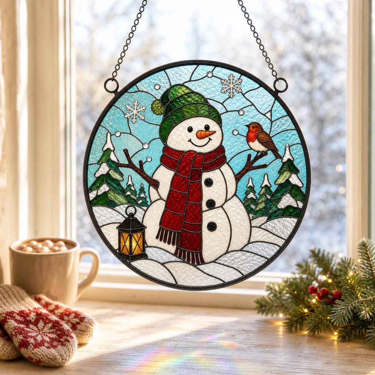 May include: A circular stained glass suncatcher featuring a white snowman wearing a green hat and a red scarf. The snowman stands in a snowy landscape with green pine trees, a small lantern, and a robin perched on a branch against a light blue sky.