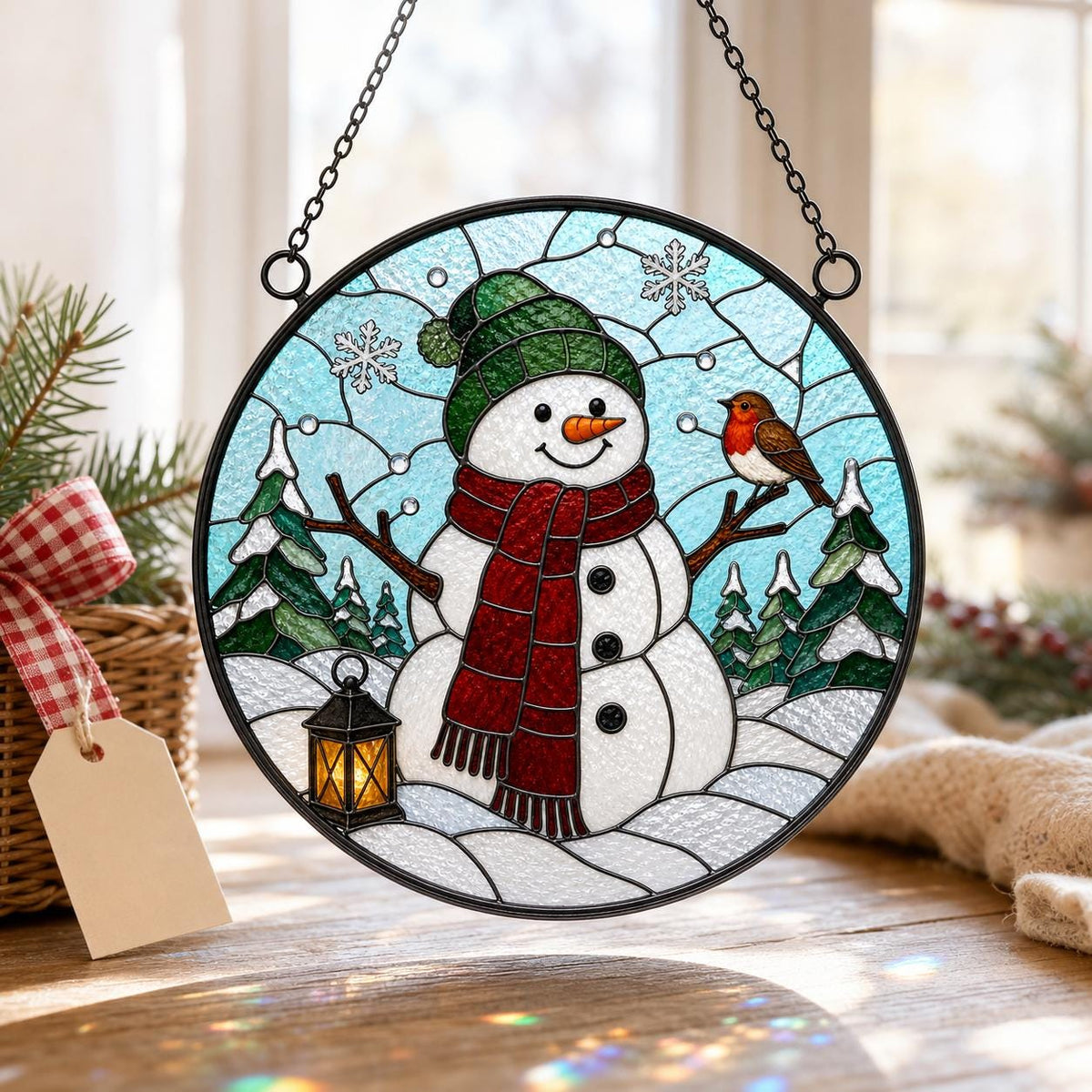 May include: A circular stained glass suncatcher featuring a snowman wearing a green hat and red scarf, standing in a snowy landscape with pine trees, a small lantern, and a robin. The piece is framed in black metal and hangs from a chain.