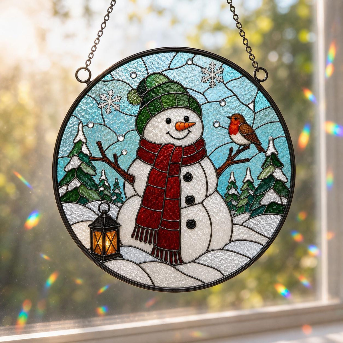 May include: A circular stained glass suncatcher featuring a white snowman with a green knit hat, a red scarf, and an orange carrot nose. The scene includes a small brown robin, green pine trees, a black lantern, and white snowflakes on a blue background.