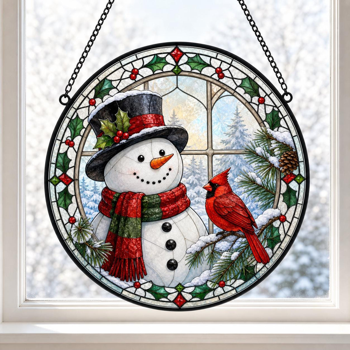 Snowy Window Friend christmas snowman cardinal Round UV Printed Glass Suncatcher, Window Hanging Decor, Stained Glass Style Gift