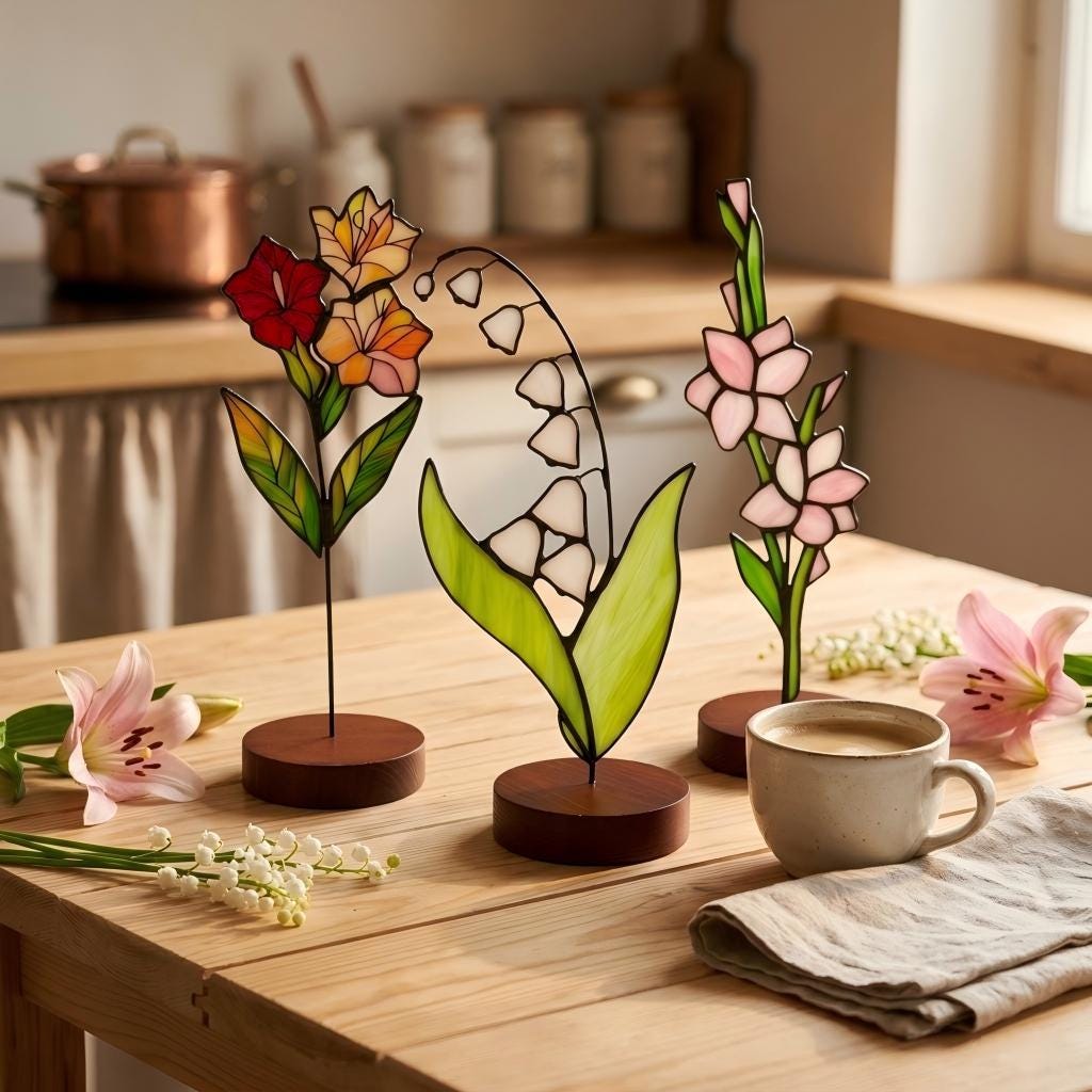 May include: Three stained glass flower sculptures on circular wooden bases. The left piece features red and orange blossoms, the center piece depicts white lily of the valley, and the right piece shows pink flowers, all with green glass leaves.