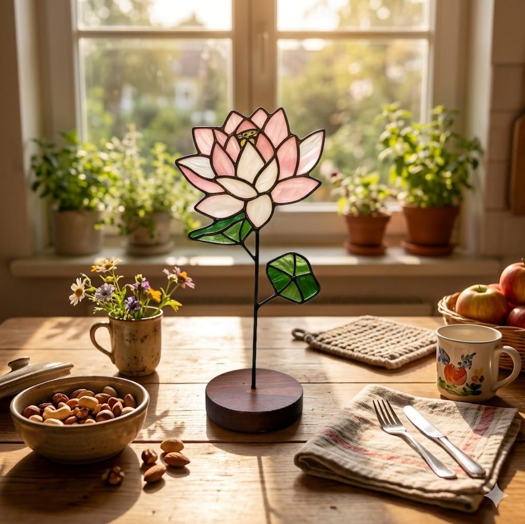 May include: A stained glass lotus flower sculpture featuring layered pink and white petals with green leaves on a thin black metal stem, mounted on a circular dark wood base. The flower is constructed with distinct glass segments joined by dark solder lines.