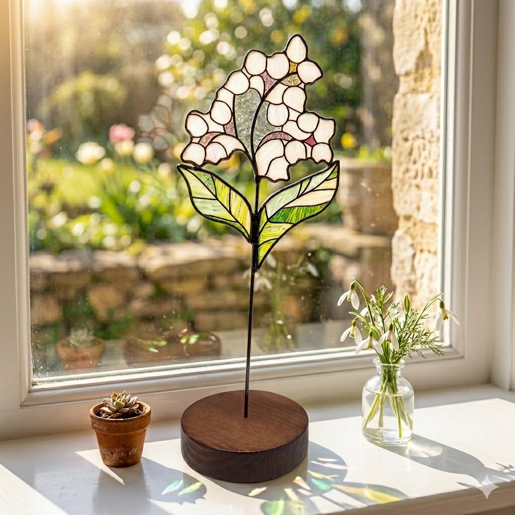 May include: A stained glass flower ornament featuring white and pale pink petals with green leaves, mounted on a thin metal stem and a circular dark wood base. The piece is positioned on a windowsill next to a small potted succulent and a glass vase.