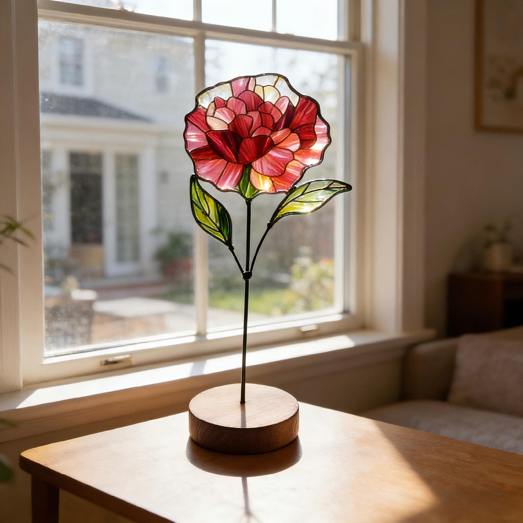May include: A stained glass flower sculpture featuring layered red and pink petals with green glass leaves. The flower is attached to a thin metal stem supported by a circular wooden base, creating a decorative piece with translucent colors.