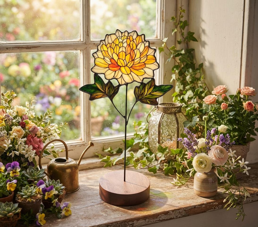 May include: A stained glass flower sculpture featuring a large yellow and orange chrysanthemum bloom with green leaves, mounted on a circular wooden base. The glass petals are outlined in dark metal, creating a detailed floral design.