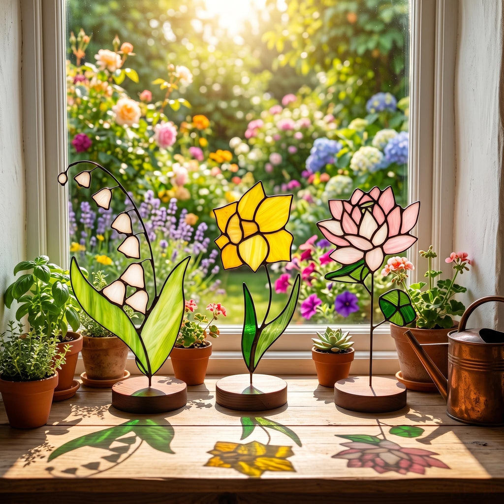 May include: Three stained glass flower sculptures: lily of the valley, daffodil, and lotus. Each flower is mounted on a wooden base. The window sill also holds potted plants and a watering can, with a colorful garden visible through the window.