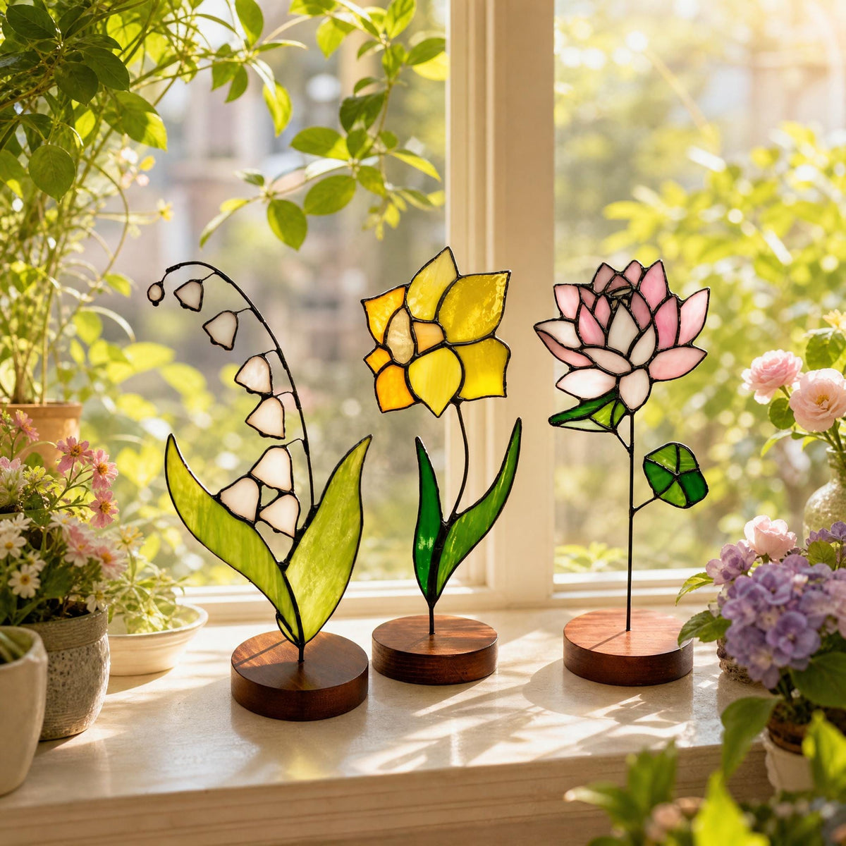 May include: Three stained glass flower sculptures: lily of the valley, daffodil, and lotus. Each flower is mounted on a black metal stem and set in a round wooden base. The lily of the valley has white and clear glass petals, the daffodil is yellow, and the lotus is pink.