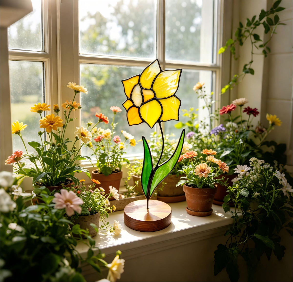 May include: A stained glass daffodil sculpture with a yellow flower and green stem, set on a wooden base. The sculpture is displayed on a windowsill surrounded by potted flowers in a bright, sunlit room.