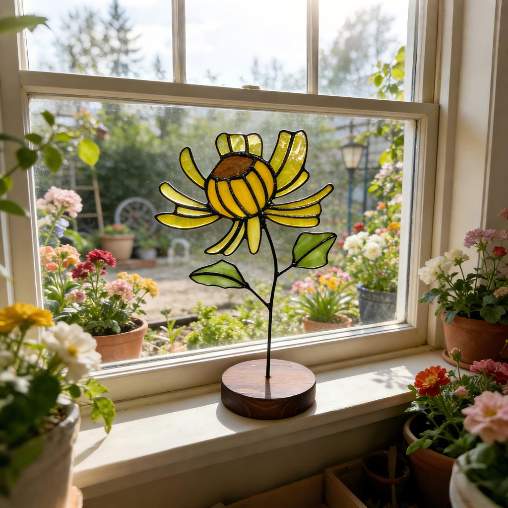 May include: A stained glass flower sculpture with yellow petals and a brown center, mounted on a dark wooden base. The flower has green leaves and a black stem. The sculpture is placed on a windowsill with a garden view.