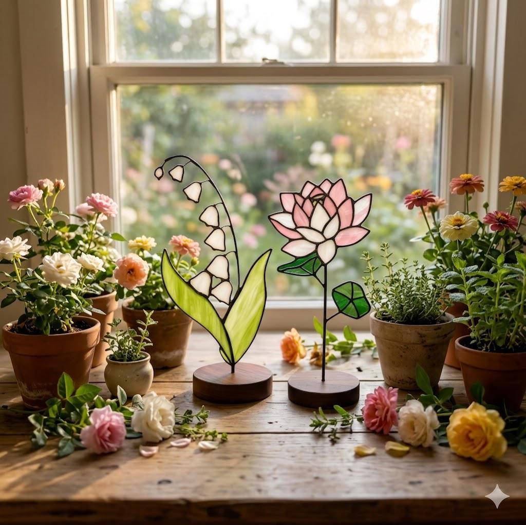 May include: A wooden table displays stained glass flower sculptures and potted plants. The sculptures include a lily of the valley and a lotus flower. The plants are in terracotta pots, with roses and other flowers in bloom. The scene is set near a window.