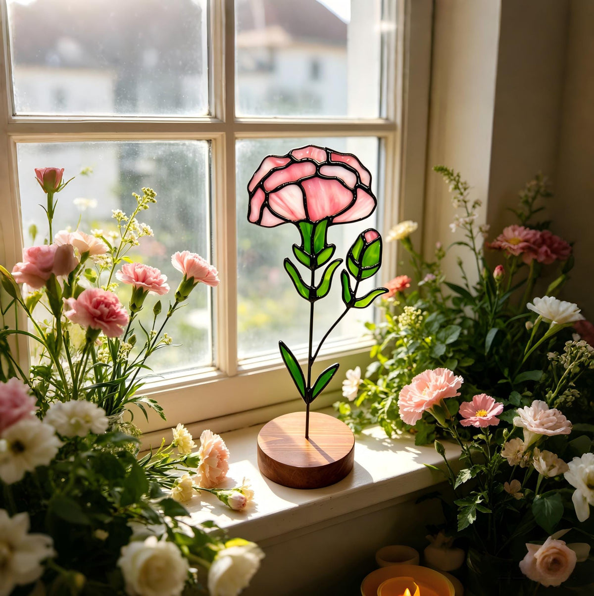 May include: A stained glass flower sculpture with a pink blossom, green stem, and leaves, set on a wooden base. The flower is positioned in front of a window, surrounded by pink and white flowers.