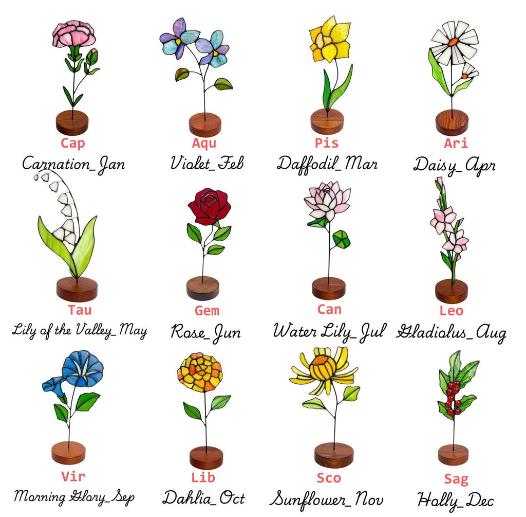 May include: A collection of twelve stained glass flower sculptures, each mounted on a wooden base. The flowers include a carnation, violet, daffodil, daisy, lily of the valley, rose, water lily, gladiolus, morning glory, dahlia, sunflower, and holly.