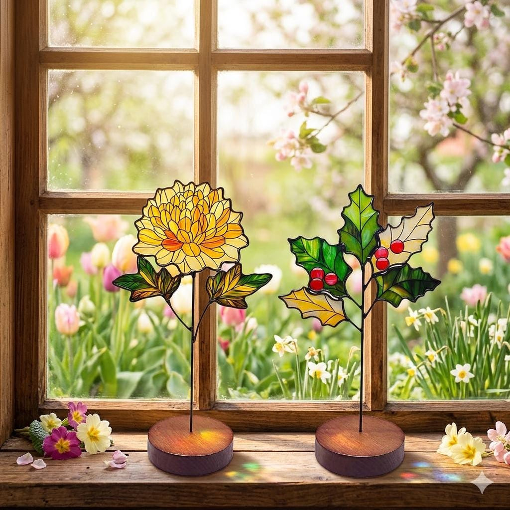May include: Two stained glass floral decorations. One is a yellow chrysanthemum, the other is a holly branch with red berries. Both are mounted on wooden bases and set in front of a window with a garden view.