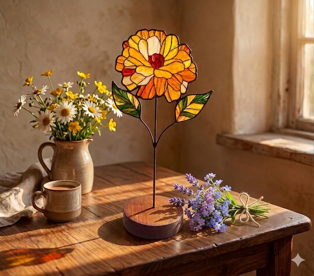 May include: A stained glass flower sculpture with yellow, orange, and red petals, green leaves, and a dark metal stem. The flower sits on a wooden base. A vase of daisies and a cup of coffee are on the wooden table.