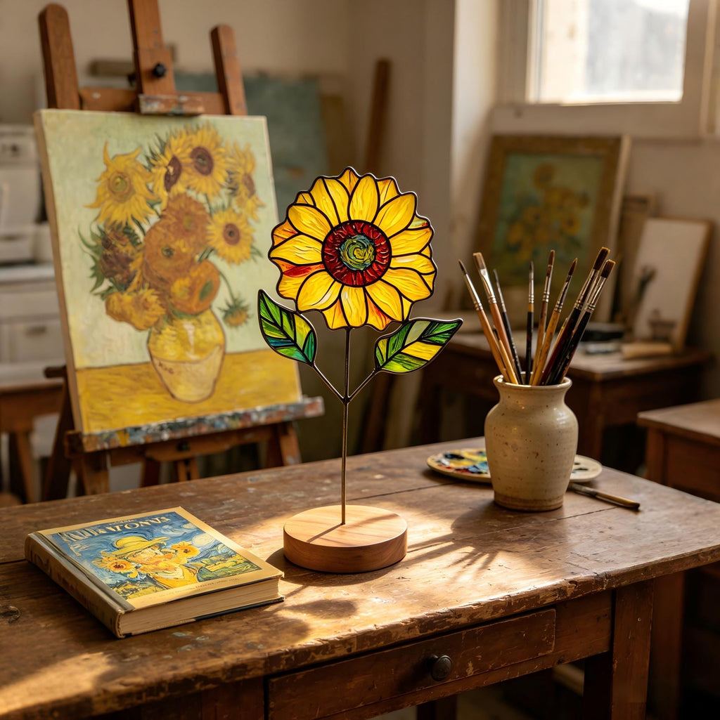 May include: A stained glass sunflower with yellow petals, a red and green center, and green leaves. The flower is mounted on a metal stem and a wooden base. A painting of sunflowers is in the background, along with paintbrushes and a book.