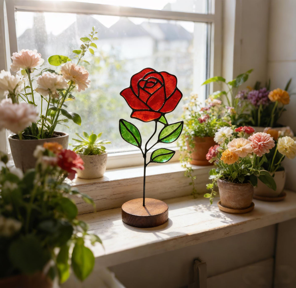 May include: A stained glass rose with a red flower and green leaves, mounted on a black metal stem and a wooden base. The decorative piece is displayed on a windowsill, surrounded by potted plants.