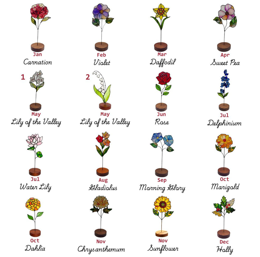 May include: A collection of decorative metal flowers, each mounted on a wooden base. The flowers represent different months, including a red carnation for January, a violet for February, and a daffodil for March. The image includes text labels for each flower.