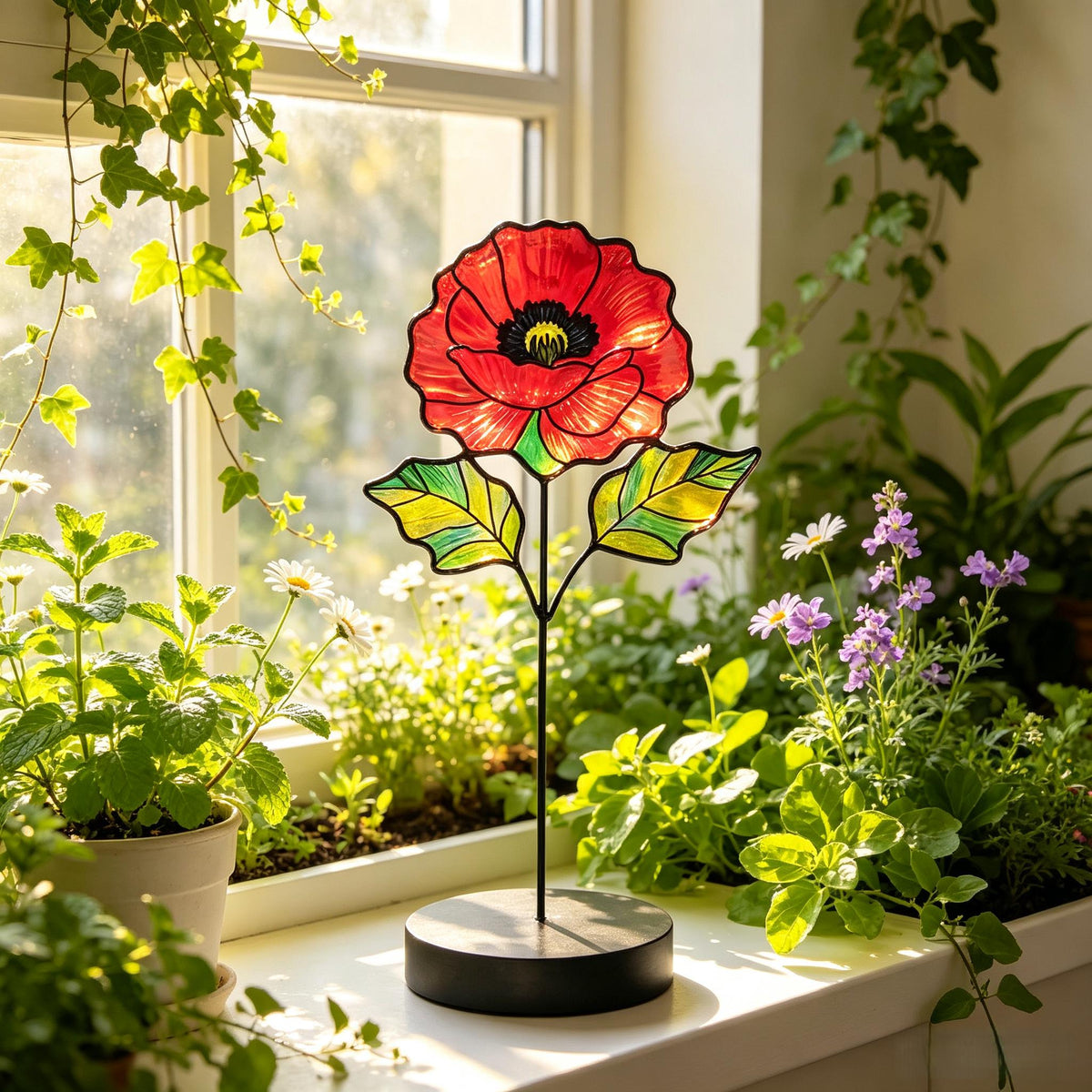 May include: A stained glass poppy flower ornament featuring a vibrant red bloom with a black center and green leaves, mounted on a thin black metal stem and a circular black base, positioned upright to catch the natural light from a window.