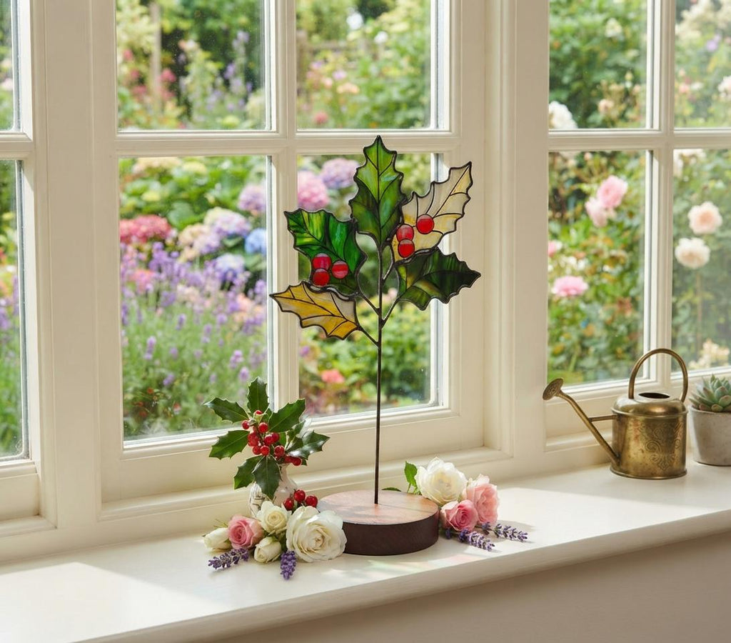 May include: A stained glass holly sprig ornament featuring green and yellow leaves with red berries, mounted on a circular wooden base. The piece is surrounded by fresh white and pink roses, lavender sprigs, and a small sprig of real holly.