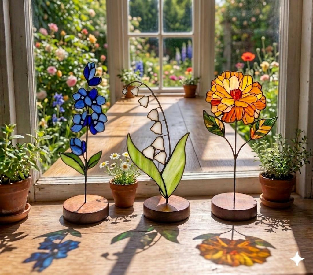 May include: Three stained glass flower sculptures on circular wooden bases. The left features blue petals, the center shows white lily-of-the-valley bells, and the right displays a large orange blossom. Each piece has green glass leaves and metal stems.