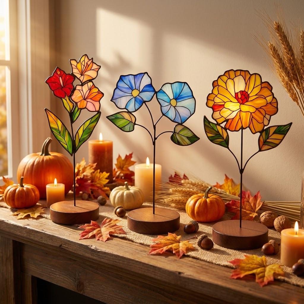 May include: Three stained glass flower sculptures on circular wooden bases. The left features red and orange blossoms, the center has two blue morning glory-style flowers, and the right displays a large, multi-toned yellow and orange bloom.