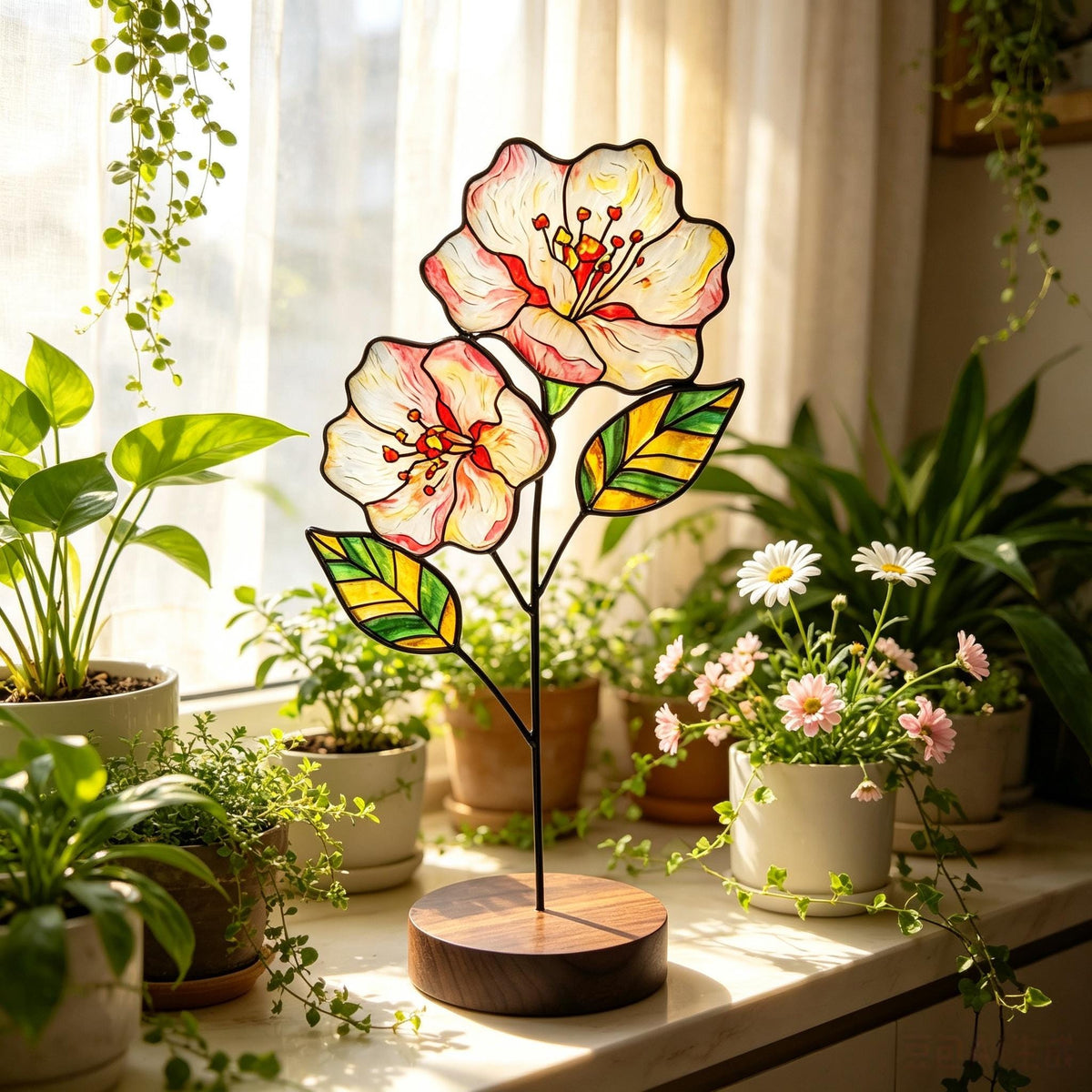 May include: A stained glass flower sculpture featuring two pale pink and white blossoms with yellow centers and green leaves, supported by a thin black metal stem attached to a round, dark brown wooden base, displayed on a bright windowsill.