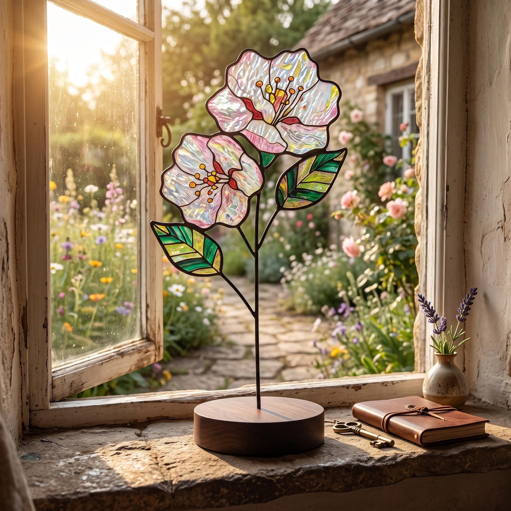 May include: A stained glass flower sculpture featuring two iridescent white and pink blossoms with yellow centers and green leaves, mounted on a circular dark wood base. The piece stands upright, showcasing intricate metal soldering lines.