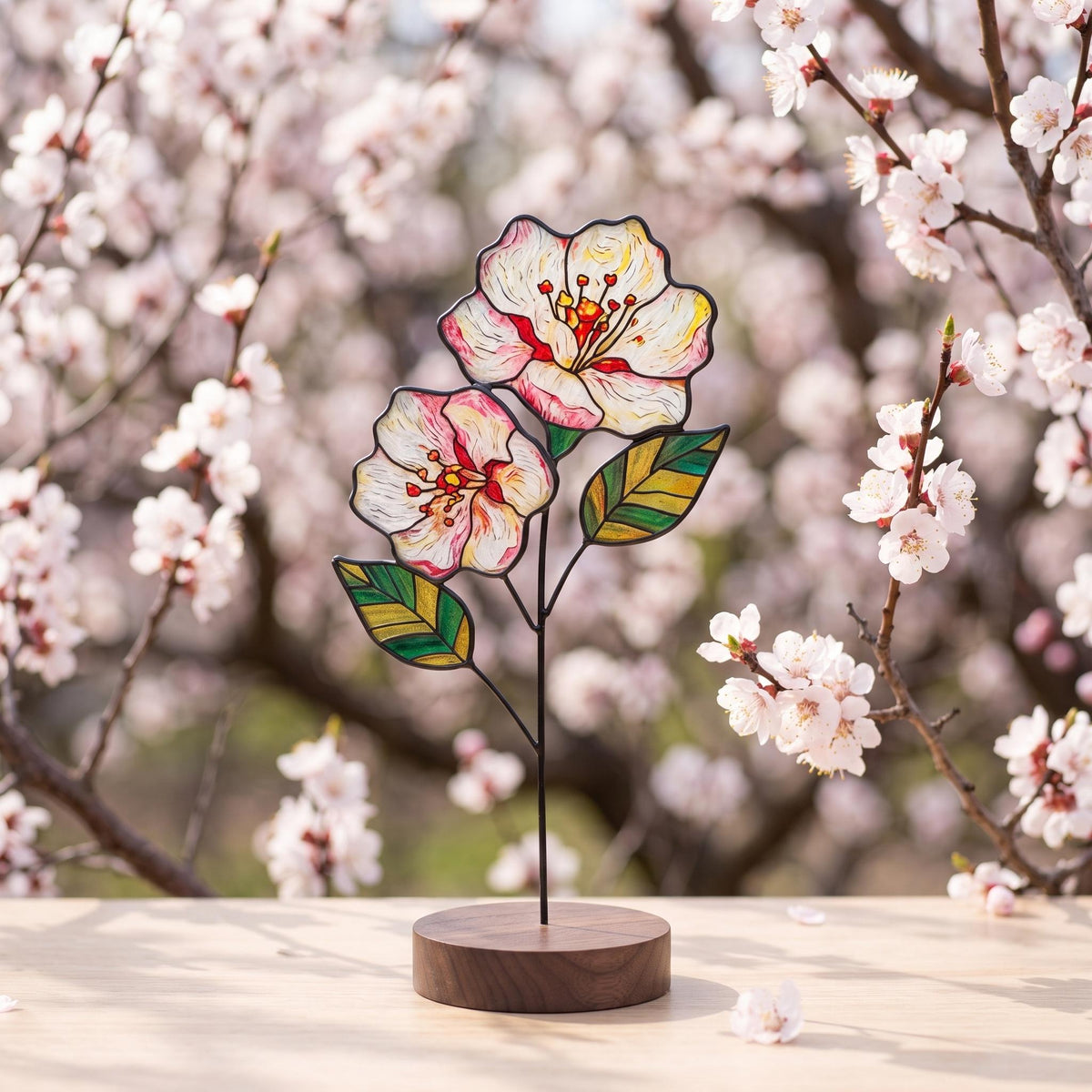 May include: A stained glass sculpture featuring two white and pink flowers with yellow centers and two green and yellow striped leaves, supported by a thin black metal stem attached to a circular dark brown wooden base.