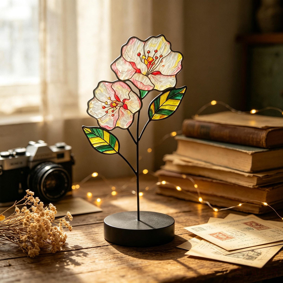 May include: A stained glass flower sculpture featuring two white and pink blossoms with yellow centers, supported by a thin black metal stem and two green and yellow striped leaves, mounted on a circular black base for tabletop display.