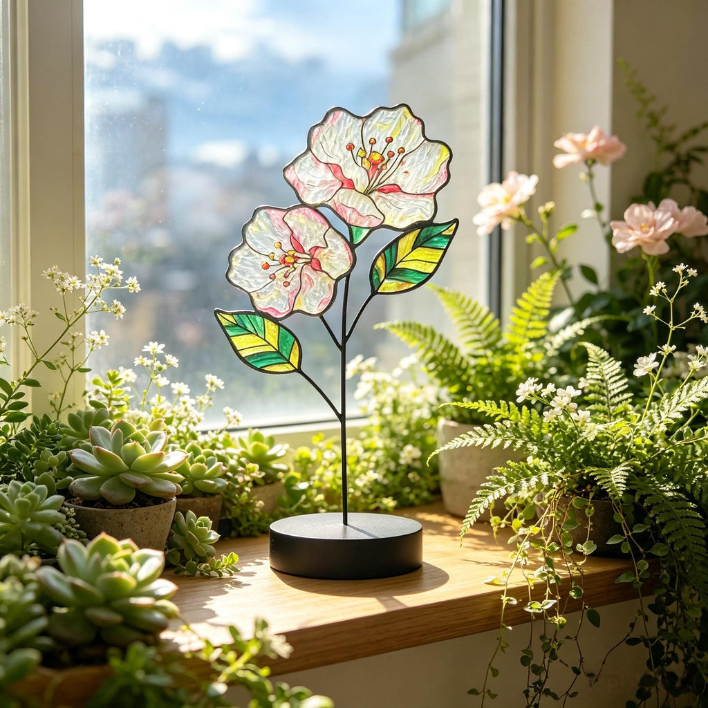 May include: A stained glass flower sculpture featuring two white and pink blossoms with yellow centers and two green and yellow striped leaves, supported by a thin black metal stem attached to a circular black base on a wooden windowsill.