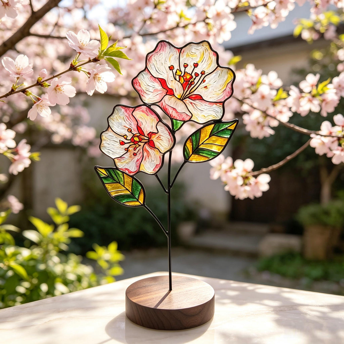 May include: A stained glass sculpture featuring two pale pink and white flowers with red centers and two green and yellow striped leaves. The glass pieces are held together by thin black metal lines and mounted on a round dark brown wooden base.