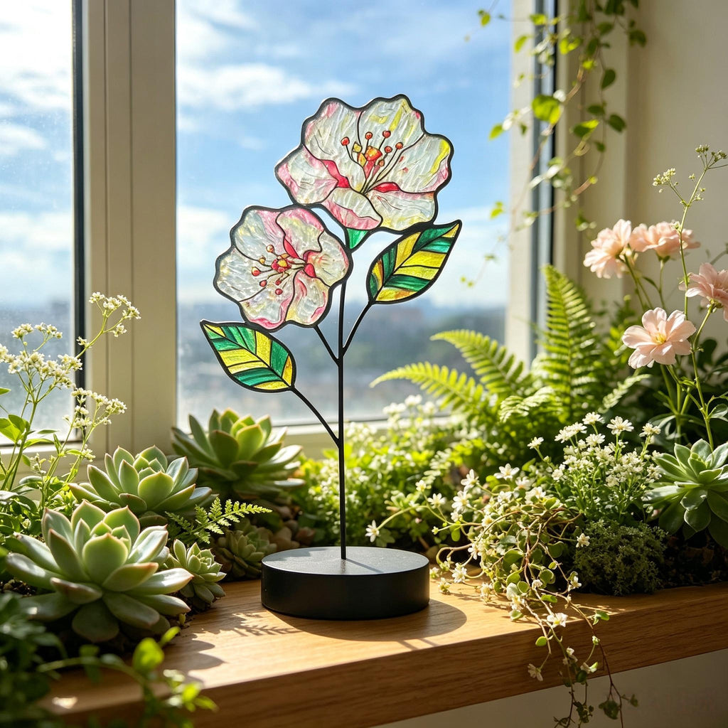 May include: A stained glass flower sculpture featuring two iridescent white blossoms with pink centers and green-striped leaves. The piece is supported by a thin black metal stem attached to a circular black base, creating a delicate floral display.