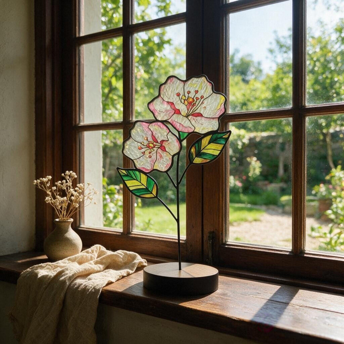 May include: A stained glass flower sculpture featuring two white and pink blossoms with yellow centers and two green and yellow striped leaves. The piece is supported by a thin black metal stem attached to a circular dark brown wooden base.