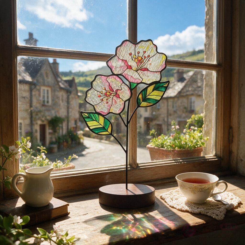 May include: A stained glass flower sculpture featuring two pale pink blossoms with yellow centers and green leaves, mounted on a circular dark wood base. The glass has a textured surface that catches light, casting colorful reflections on the wooden sill.