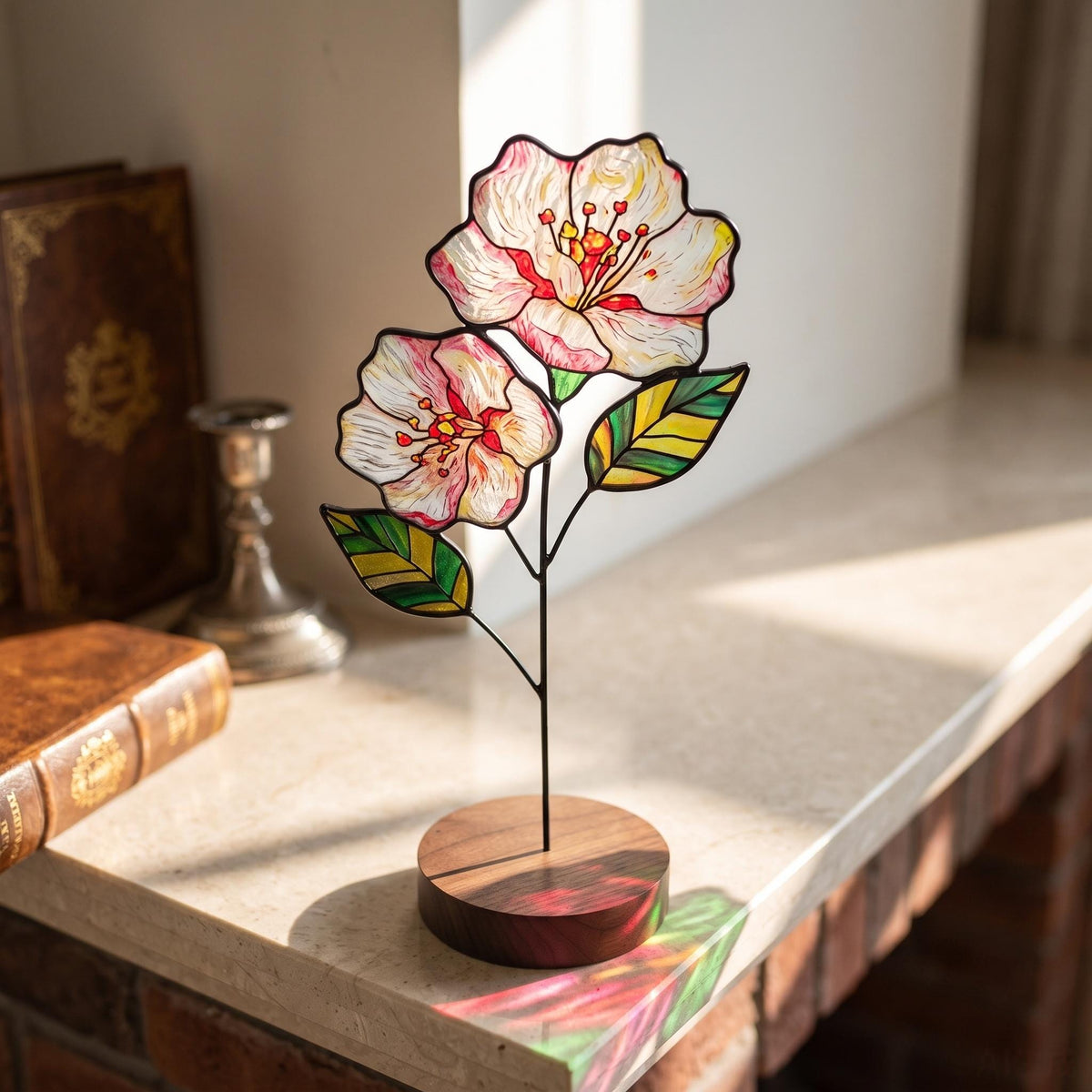 May include: A stained glass flower sculpture featuring two white and pink blossoms with yellow centers and two green and yellow leaves. The glass pieces are outlined in black metal and attached to a thin black metal stem on a round wooden base.