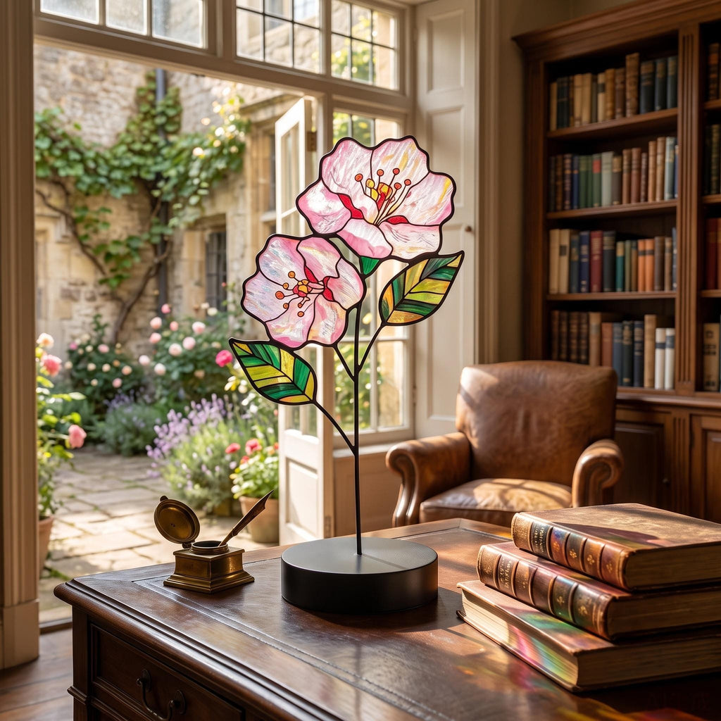 May include: A stained glass flower sculpture featuring two pale pink blossoms with yellow centers and two green striped leaves, mounted on a thin black metal stem and a circular black base, displayed on a wooden desk with books and an inkwell.