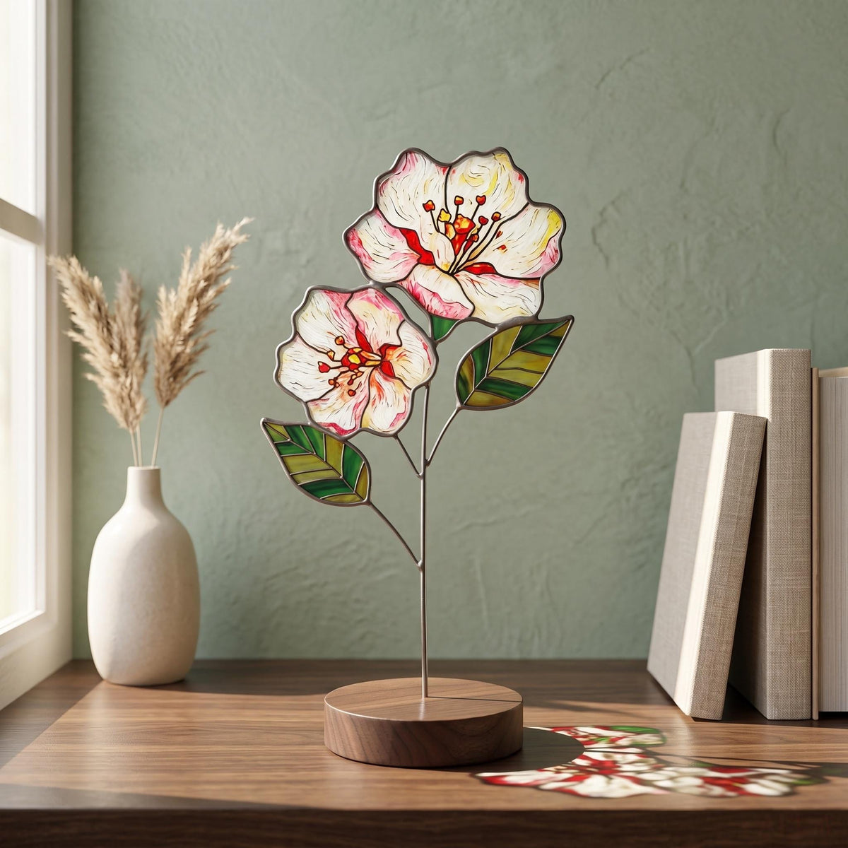 May include: A stained glass flower sculpture featuring two white and pink blossoms with yellow centers and green leaves, supported by a thin metal stem attached to a round, dark wood base, creating a delicate botanical display piece.