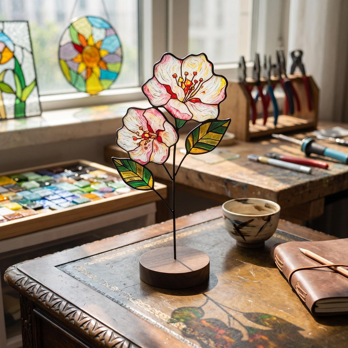 May include: A stained glass flower sculpture featuring two white and pink blossoms with yellow centers and green leaves, mounted on a thin metal stem and a circular dark wood base. The piece is crafted with dark solder lines between glass segments.