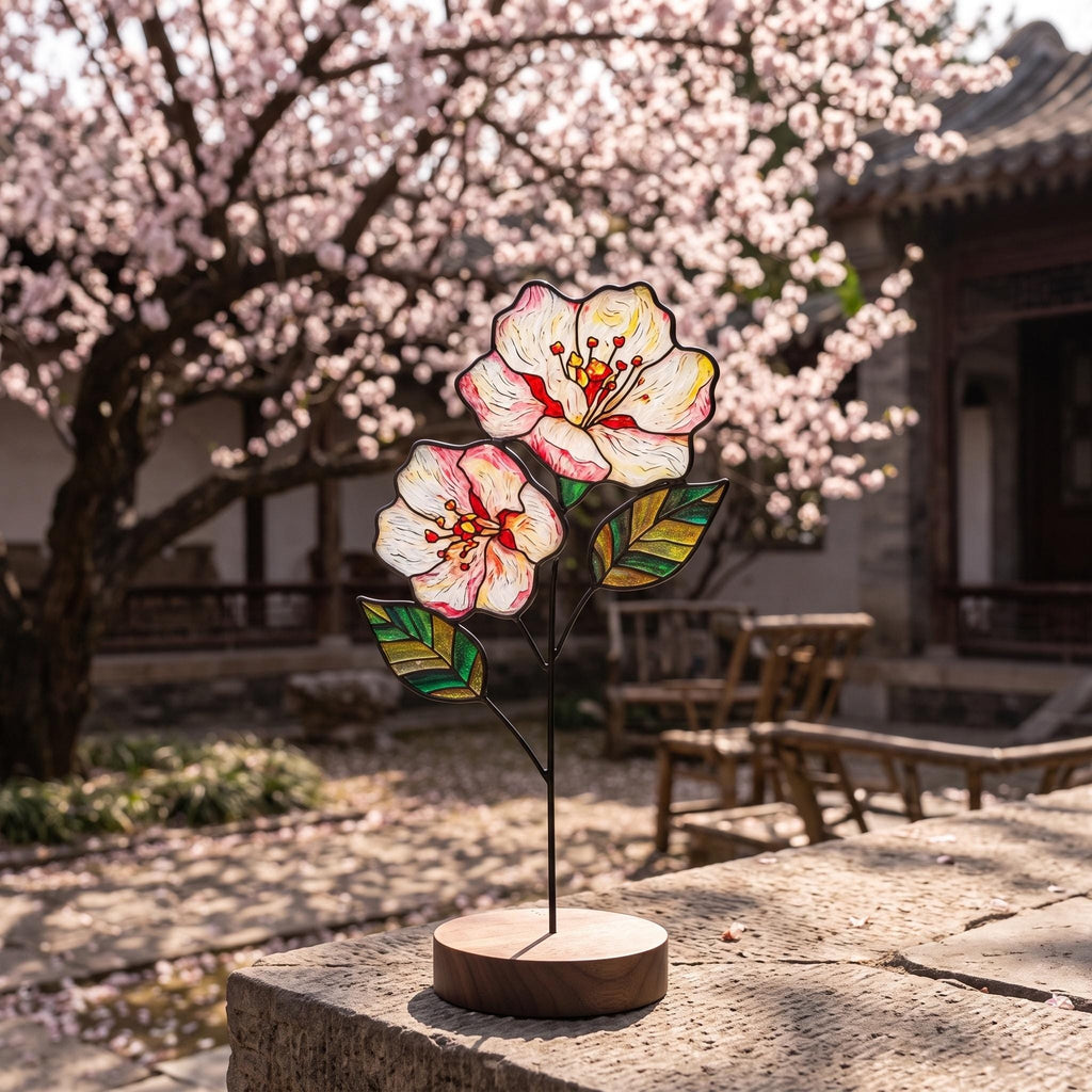 May include: A stained glass sculpture featuring two pale pink and white flowers with yellow centers and green leaves, supported by a thin black metal stem attached to a circular wooden base, showcasing intricate glass textures and dark lead lines.