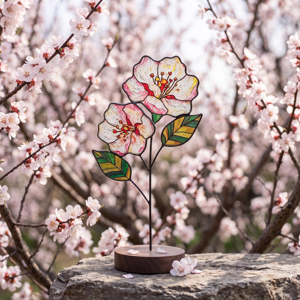 May include: A stained glass flower sculpture featuring two white and pink blossoms with yellow centers and two green and yellow leaves, supported by a thin black metal stem attached to a circular dark brown wooden base.
