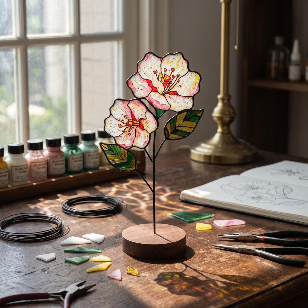 May include: A stained glass flower sculpture featuring two white and pink blossoms with yellow centers and green leaves, mounted on a circular wooden base. The piece is constructed with thin black metal wire and stands upright on a wooden surface.