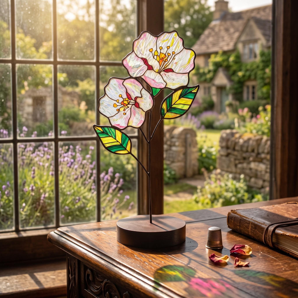 May include: A stained glass flower sculpture featuring two white and pink blossoms with yellow centers and green leaves, mounted on a circular dark wood base. The piece is positioned on a wooden surface next to a metal thimble and a leather book.