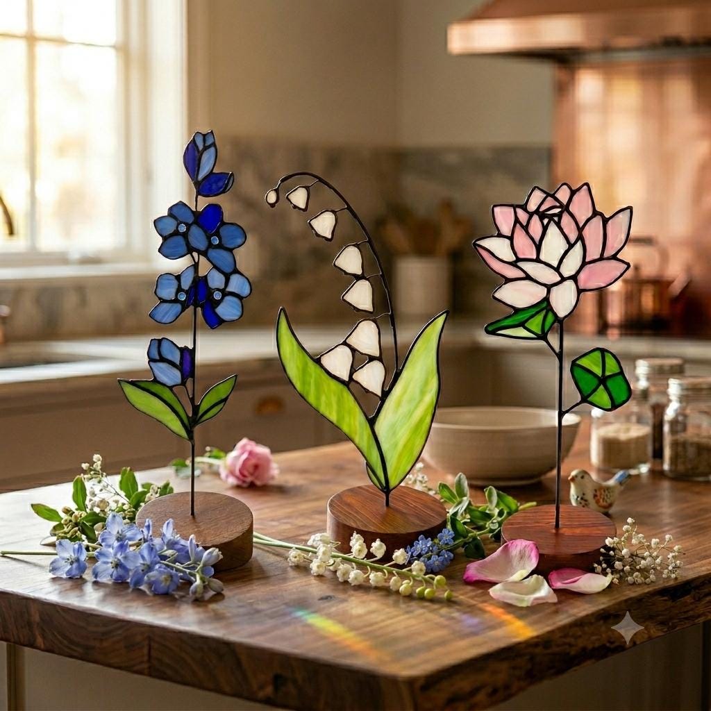 May include: Three stained glass flower sculptures on circular wooden bases. The left features blue petals and green leaves, the center shows white bell-shaped flowers with green leaves, and the right displays a pink lotus-style flower with green leaves.