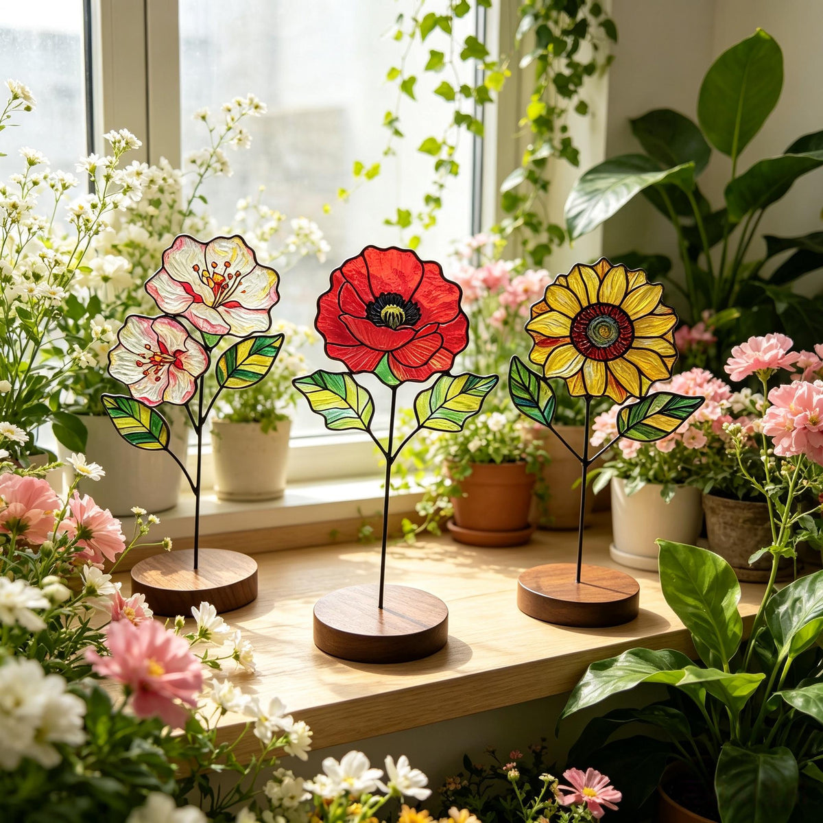 May include: Three stained glass flower ornaments on round wooden bases. The left ornament features two white and pink blossoms, the center is a vibrant red poppy, and the right is a yellow sunflower. Each flower has green leaves and a thin metal stem.